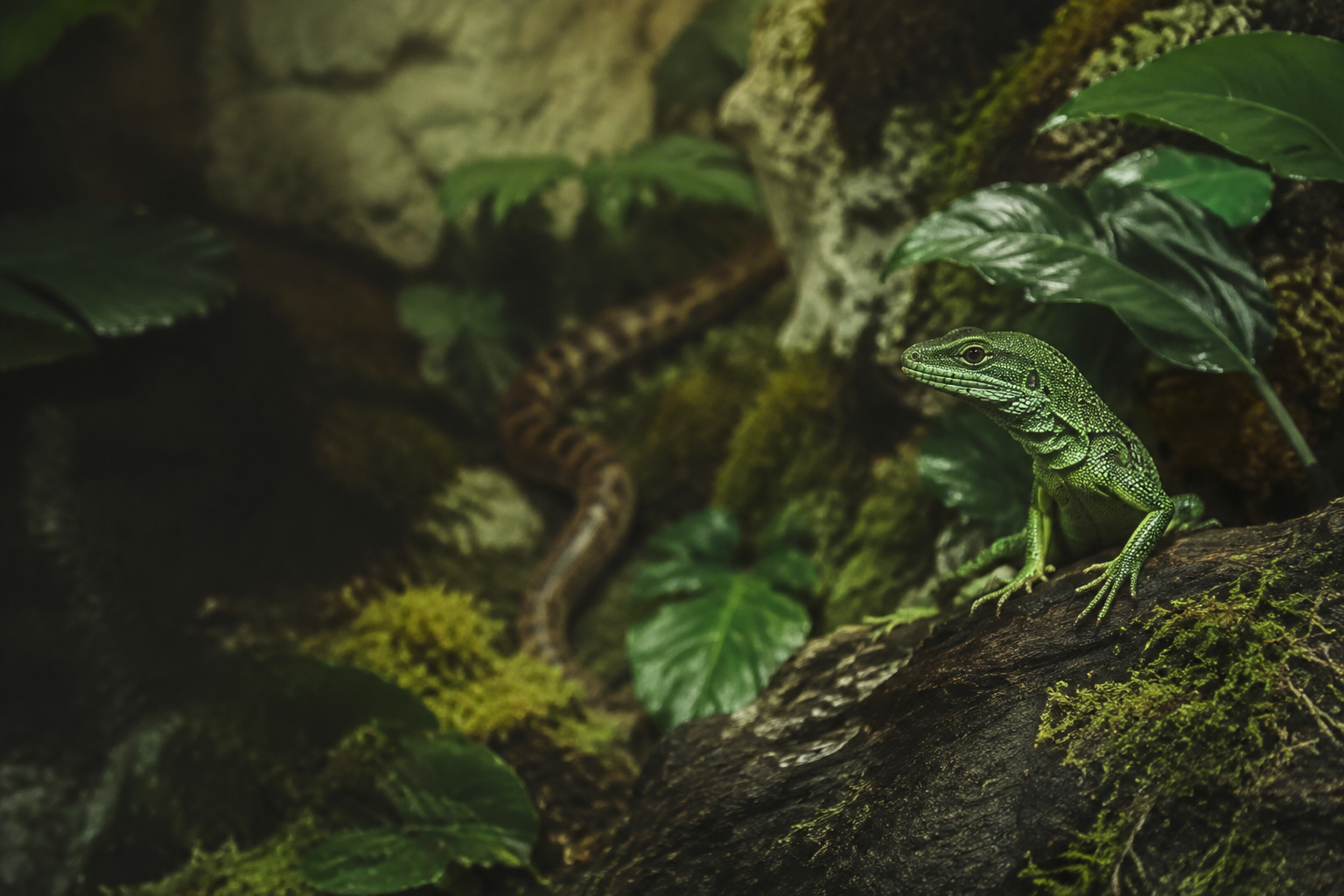 A green lizard resting on mossy wood among deep green foliage